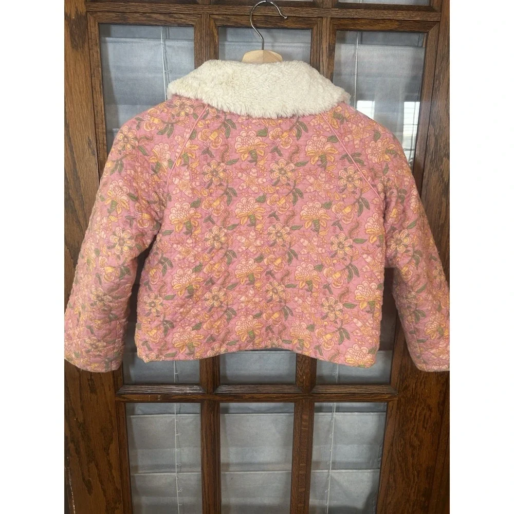 Louise Misha Jasmina Quilted Floral Jacket with Faux Fur Collar - Pink